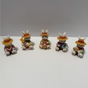 Set of Five Bunny Figurines with Straw Hats